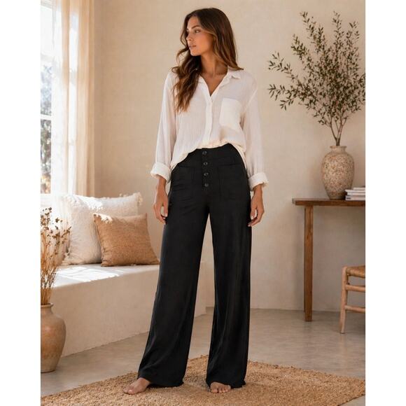 HALARA Pants - Halara Black High Waisted Wide Leg Button Fly Pocket Pants Womens L 31"x32"